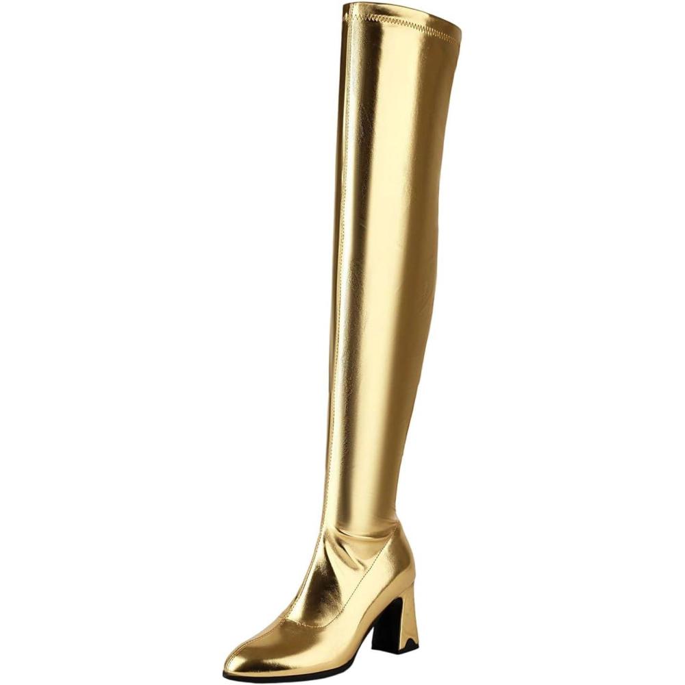 image:imageCuissarde Femme Talon Haut Sexy Bottes Cavalires Femmes Cuir Classiques Cuissarde Bout Pointu Botte Montantes Hipster Club Fte Escarpins Bottes audessus du Genou Boots lgants01 Or