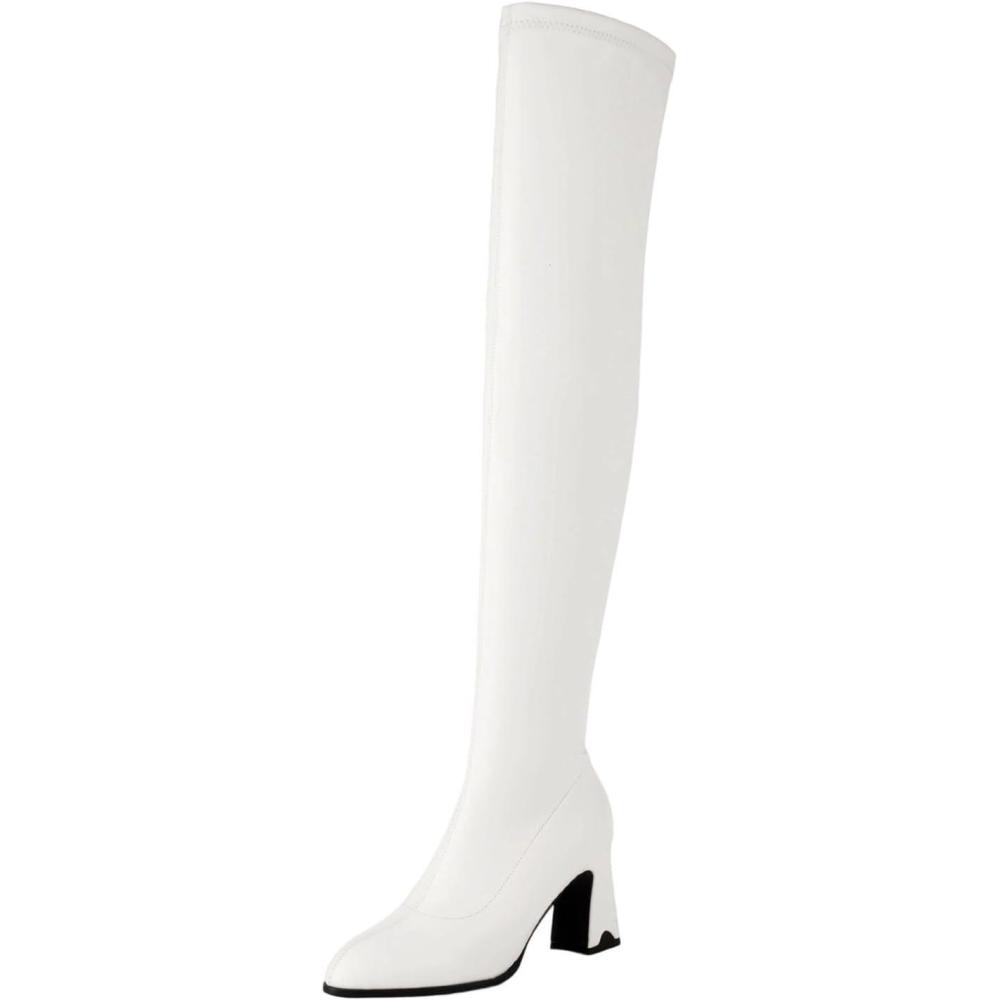 image:imageCuissarde Femme Talon Haut Sexy Bottes Cavalires Femmes Cuir Classiques Cuissarde Bout Pointu Botte Montantes Hipster Club Fte Escarpins Bottes audessus du Genou Boots lgants01 Blanc