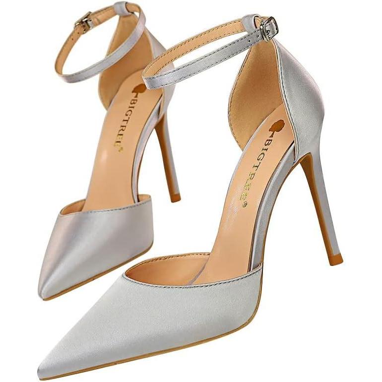 image:imageEscarpins Bout Pointu ferm pour Femmes 10 cm Talons Aiguilles Dames Bride la Cheville Sandale Talons Chaussures de fte de MariageArgent