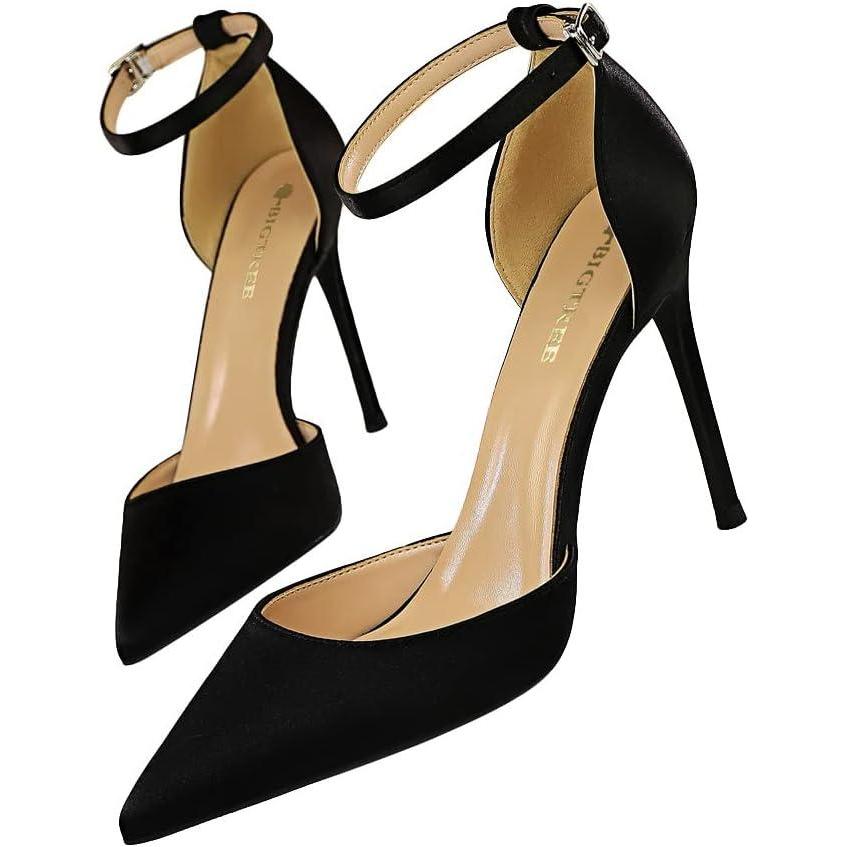 image:imageEscarpins Bout Pointu ferm pour Femmes 10 cm Talons Aiguilles Dames Bride la Cheville Sandale Talons Chaussures de fte de MariageNoir