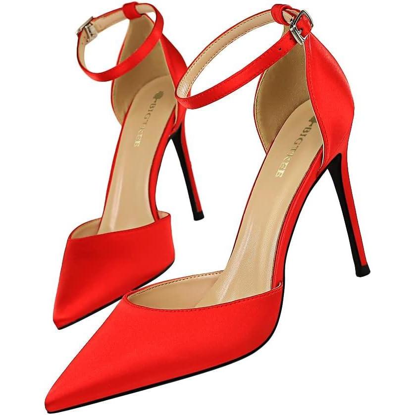 image:imageEscarpins Bout Pointu ferm pour Femmes 10 cm Talons Aiguilles Dames Bride la Cheville Sandale Talons Chaussures de fte de MariageRouge