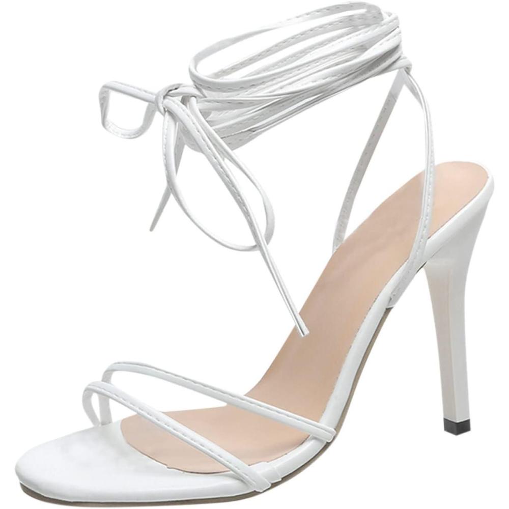 image:imageEscarpins lacets pour femme Escarpins bout carr pour femme Sandales talons hauts lacets avec sangle de cheville en cuirBlanc