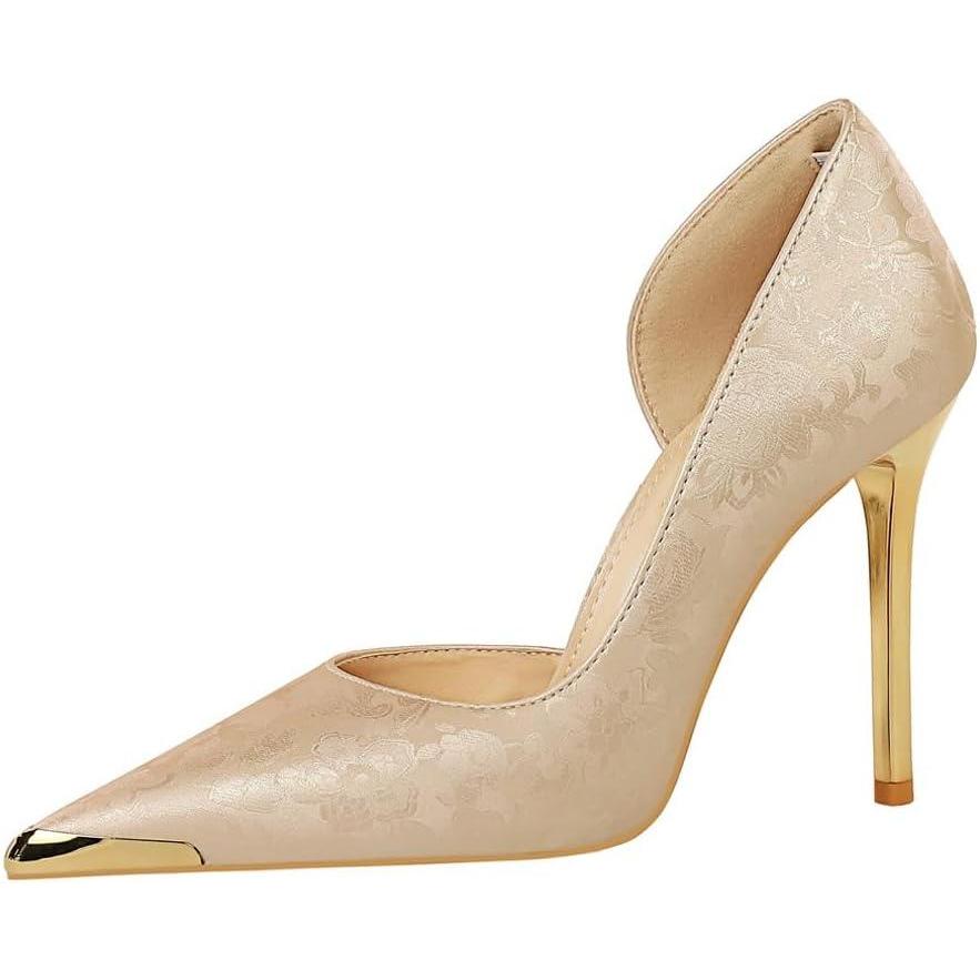 image:imageEscarpins Confortables pour Femmes Talons Aiguilles Ferms Bout Pointu De 4 Pouces Talons Hauts Floraux pour Le Travail Le Bureau Et Les AffairesChampagne