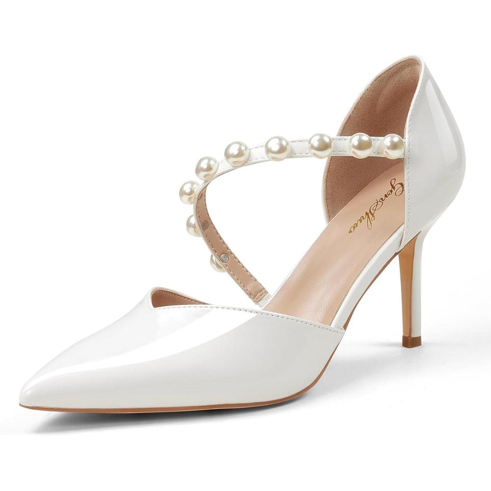 image:imageGENSHUO Escarpins pour Femmes avec Sangle dcore de Perles Talon Aiguille de 9 cm Bout Pointu Chaussures de fte de MariageBlanc