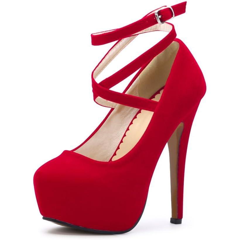 image:imageOCHENTA Femme Escarpins Bride Cheville Sexy Talon Aiguille Plateforme Epais Fermeture Lacets Chaussures Club Soiree01 Rouge