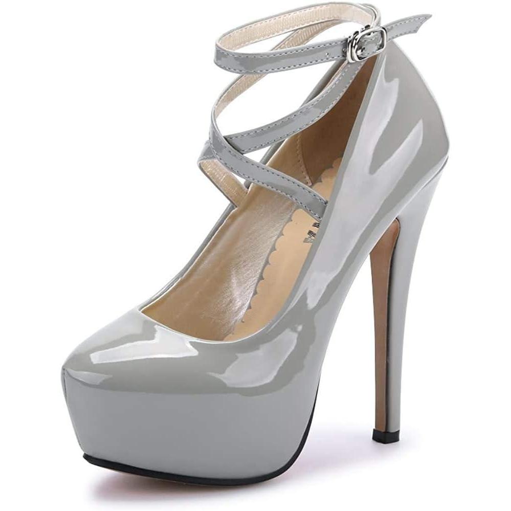 image:imageOCHENTA Femme Escarpins Bride Cheville Sexy Talon Aiguille Plateforme Epais Fermeture Lacets Chaussures Club SoireeBeige Sole Pu Grey