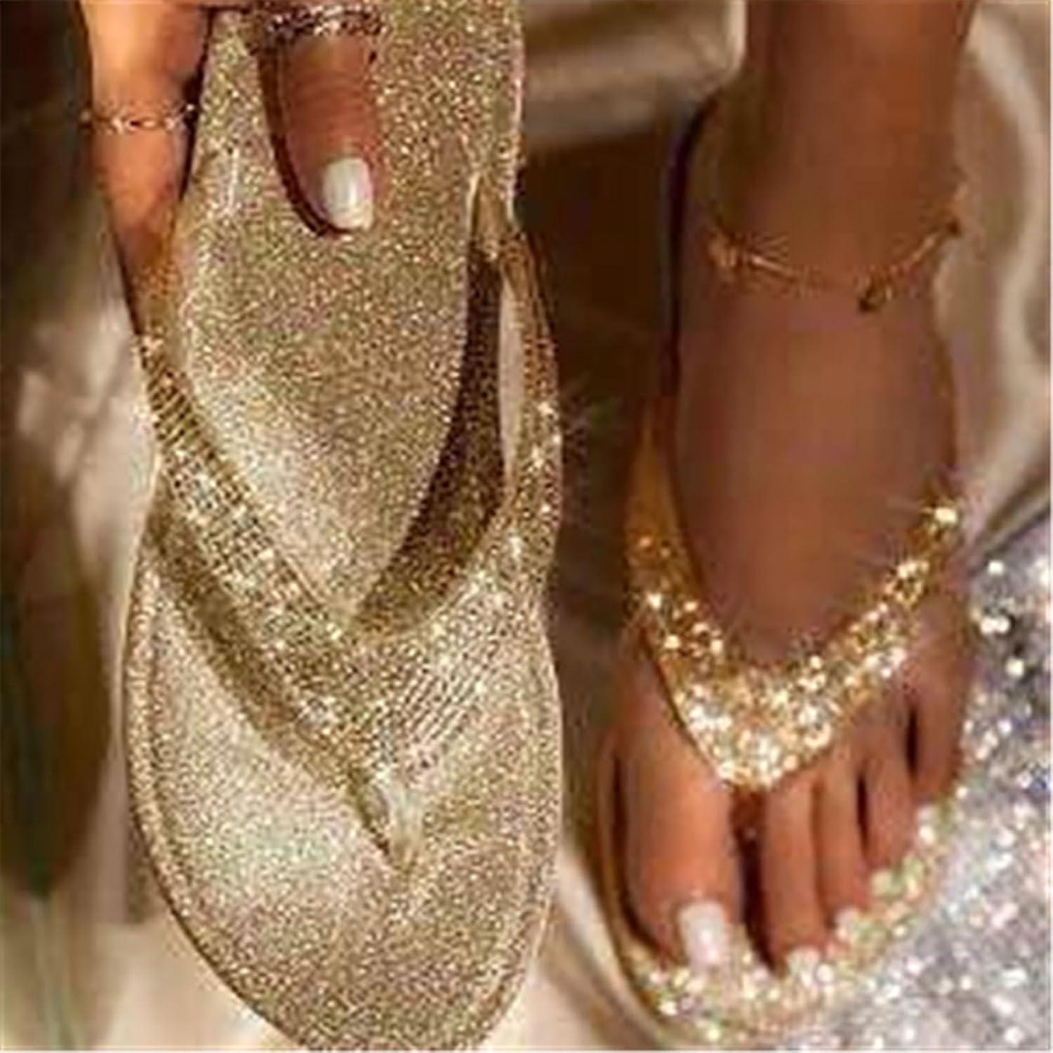 image:imagePantoufles paillettes pour femme Sandales de bain pour femme Tongs de bain Tongs Sandales plates Chaussures dt Chaussures de plage Slides confortables et lgres Ouvertes or 39