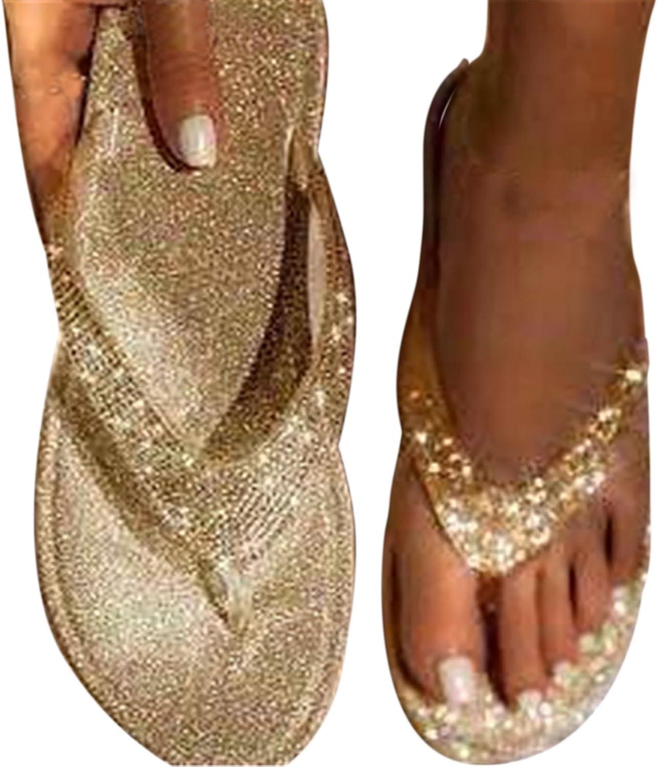 image:imagePantoufles paillettes pour femme Sandales de bain pour femme Tongs de bain Tongs Sandales plates Chaussures dt Chaussures de plage Slides confortables et lgres Ouvertes or 39