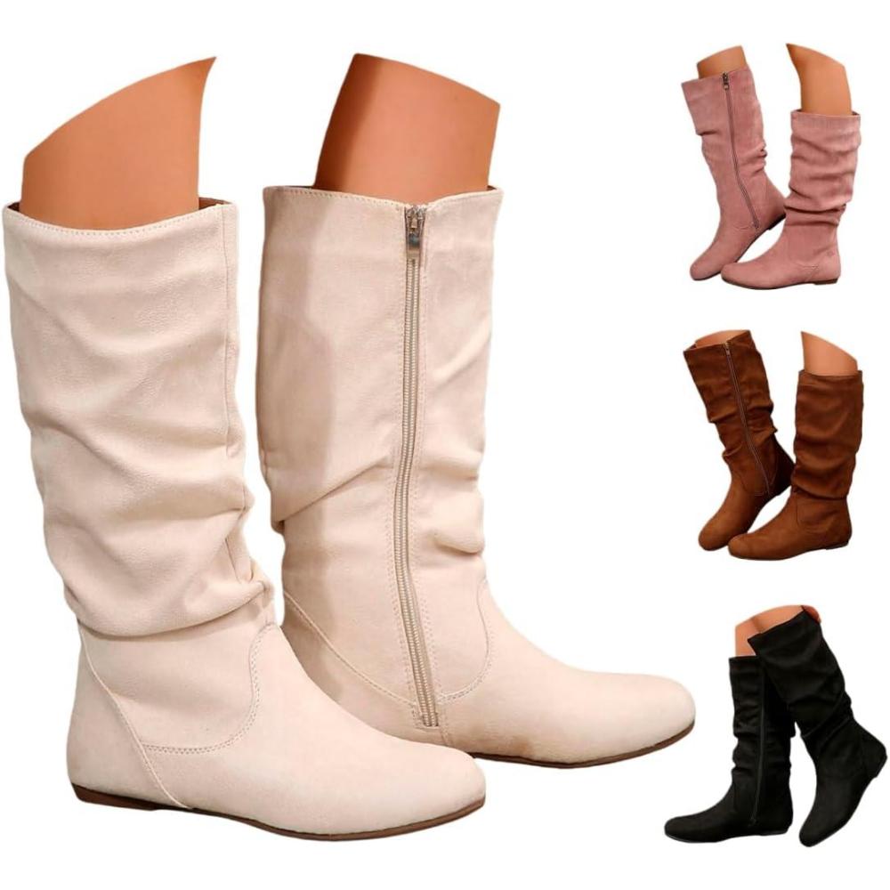 image:imageBottes de cowboy montantes pour femmes bottes plates audessus du genou pour femmes bottes mimollet souples en cuir souple bottines de cowboy de cowboy avec talon bas et pais et bout rondBeige