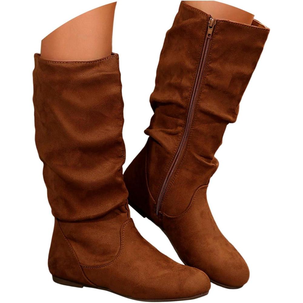 image:imageBottes de cowboy montantes pour femmes bottes plates audessus du genou pour femmes bottes mimollet souples en cuir souple bottines de cowboy de cowboy avec talon bas et pais et bout rondMarron