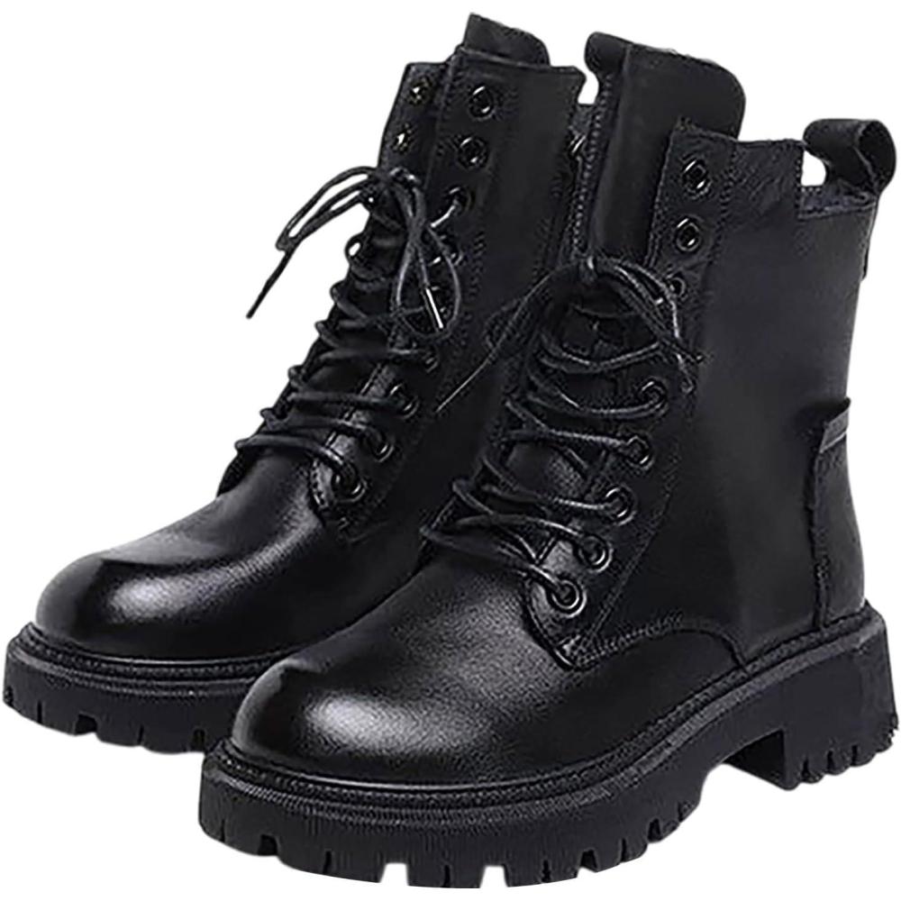 image:imageBottes de cowboy pour femme Bottes de cowgirl mimollet lacets Fond pais Bout rond Bottes de moto rsistantes leau Faciles nettoyer Confortables Semelle antidrapanteNoir