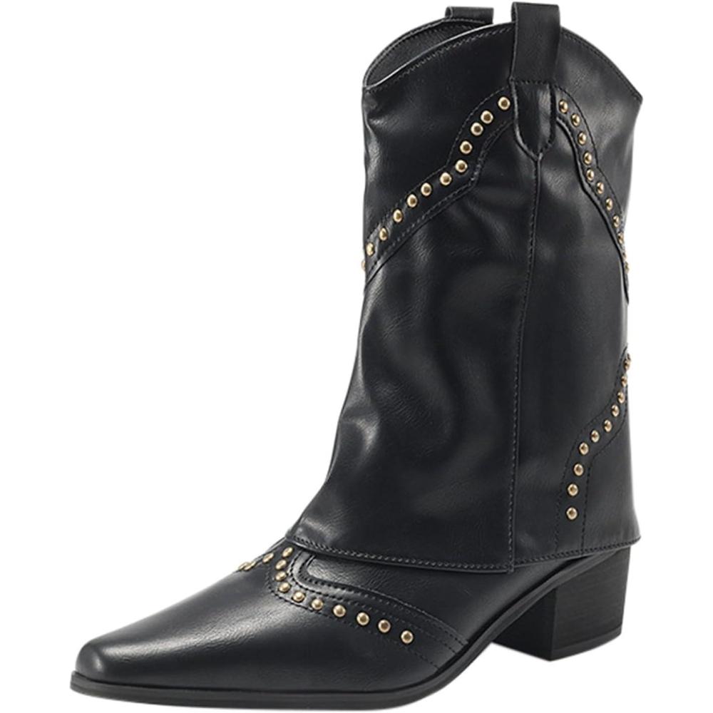 image:imageBottes de cowboy pour femme en cuir synthtique Bottes Chelsea avec rivets Bottes western mihautes Bottes de moto Bottes de motard en cuir synthtique Bottines bout pointu Bottes deNoir