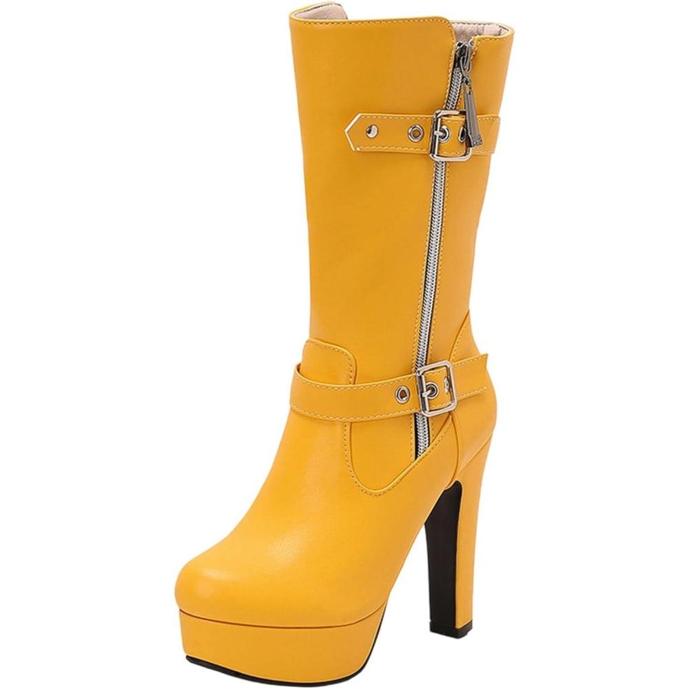 image:imageBottes mi Mollet Femmes Cuir Classiques Bottes Equitation Botte Femme Talon Haut Sexy Confortables Tirer Sur Les Boots DHiver DAutomne Western Chaussure Vintage Mode Bottine pour Hipster Club Fte02 Jaune