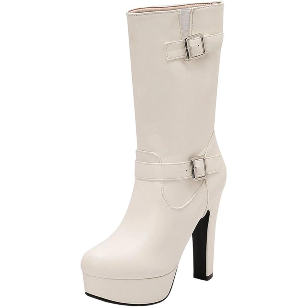 image:imageBottes mi Mollet Femmes Cuir Classiques Bottes Equitation Botte Femme Talon Haut Sexy Confortables Tirer Sur Les Boots DHiver DAutomne Western Chaussure Vintage Mode Bottine pour Hipster Club Fte01 Blanc