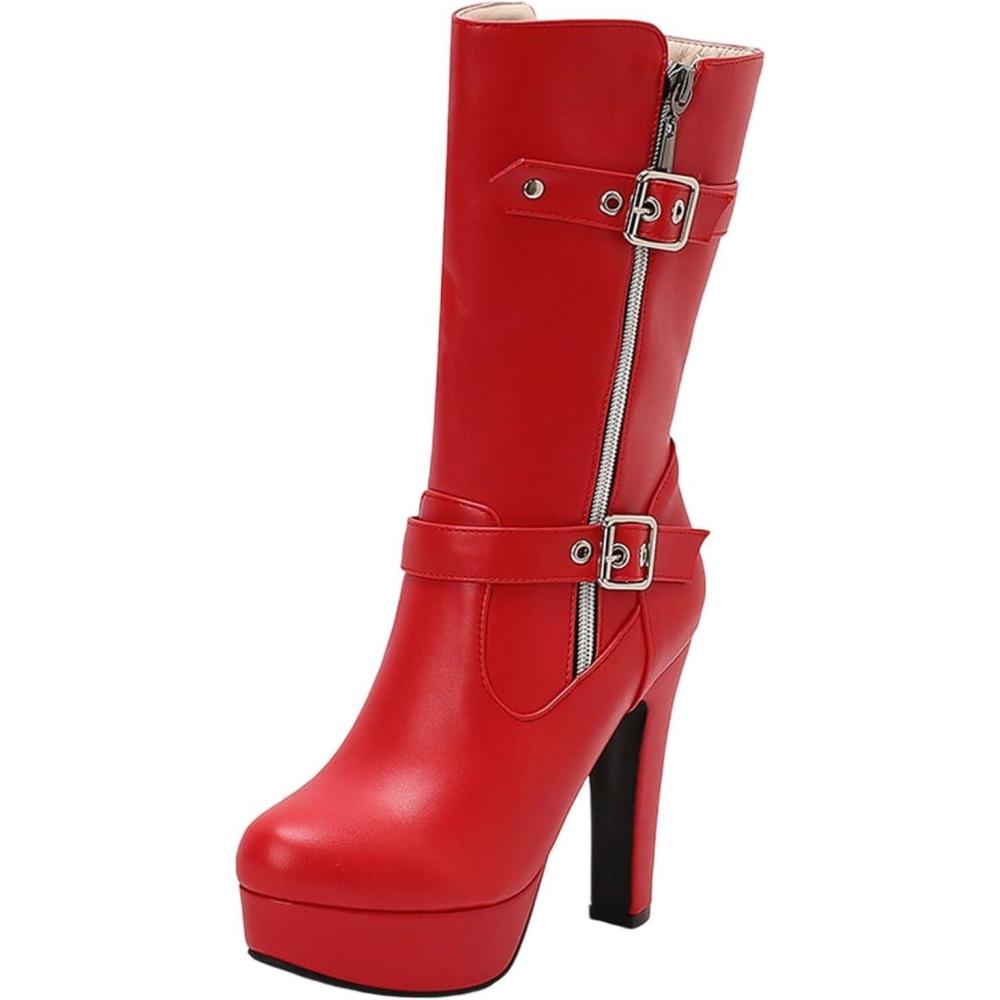 image:imageBottes mi Mollet Femmes Cuir Classiques Bottes Equitation Botte Femme Talon Haut Sexy Confortables Tirer Sur Les Boots DHiver DAutomne Western Chaussure Vintage Mode Bottine pour Hipster Club Fte02 Rouge
