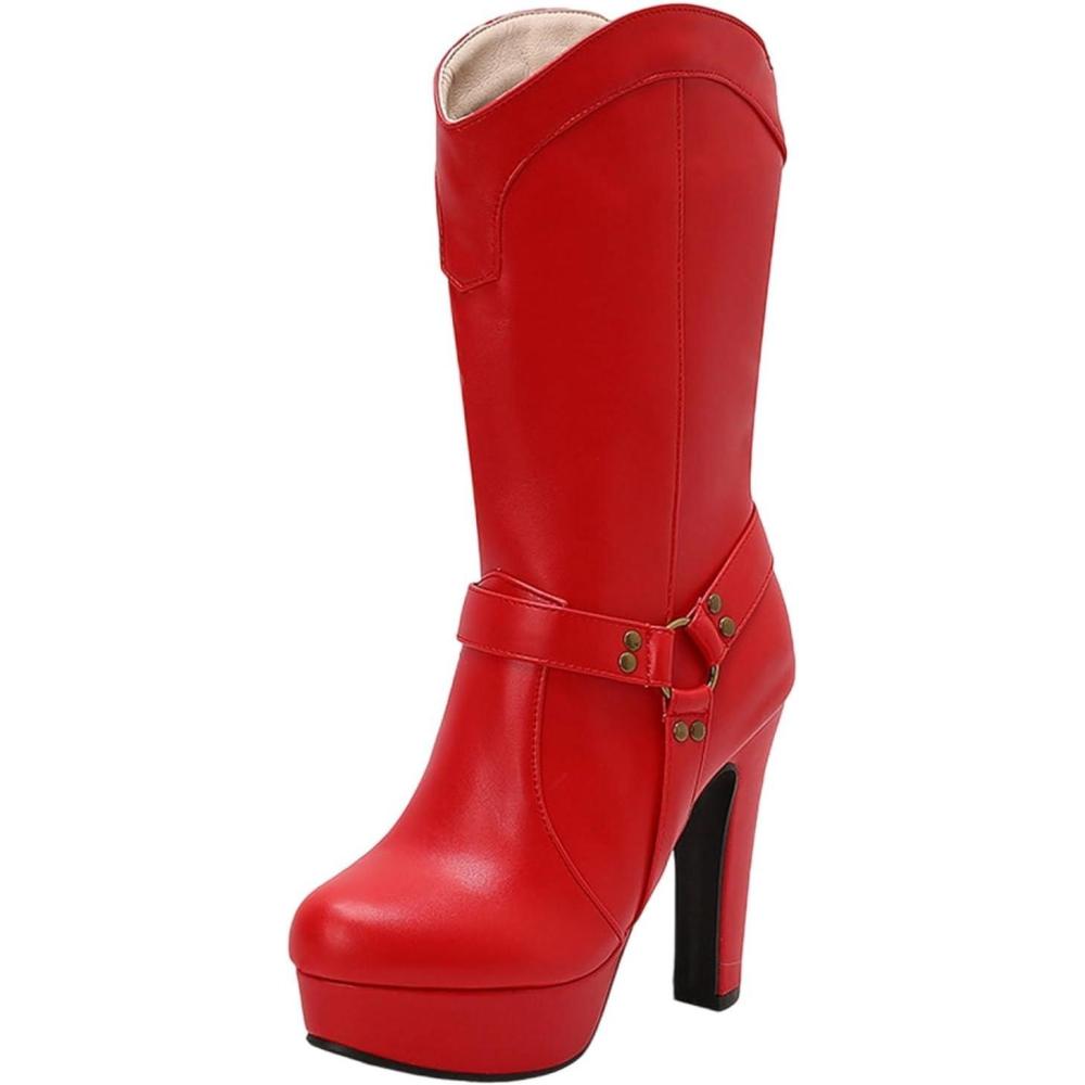 image:imageBottes mi Mollet Femmes Cuir Classiques Bottes Equitation Botte Femme Talon Haut Sexy Confortables Tirer Sur Les Boots DHiver DAutomne Western Chaussure Vintage Mode Bottine pour Hipster Club Fte03 Rouge