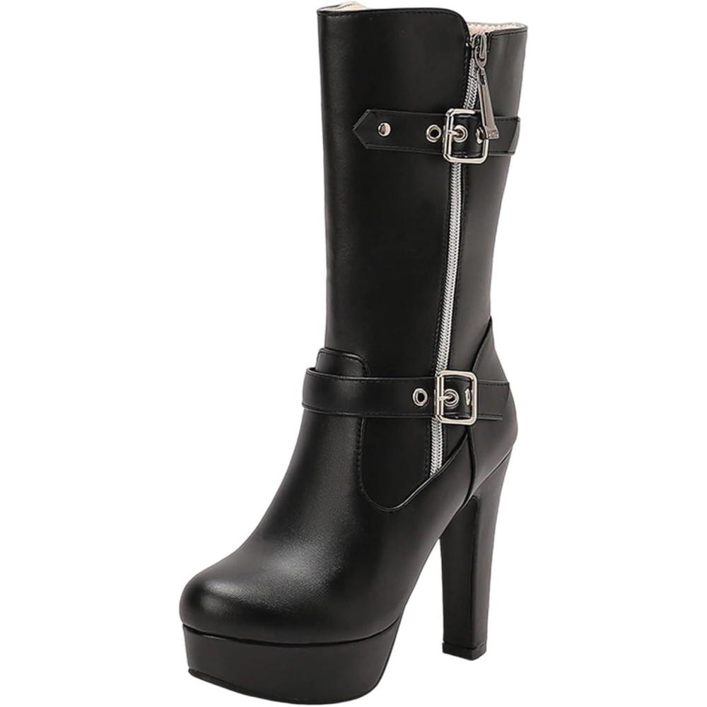image:imageBottes mi Mollet Femmes Cuir Classiques Bottes Equitation Botte Femme Talon Haut Sexy Confortables Tirer Sur Les Boots DHiver DAutomne Western Chaussure Vintage Mode Bottine pour Hipster Club Fte02 le Noir