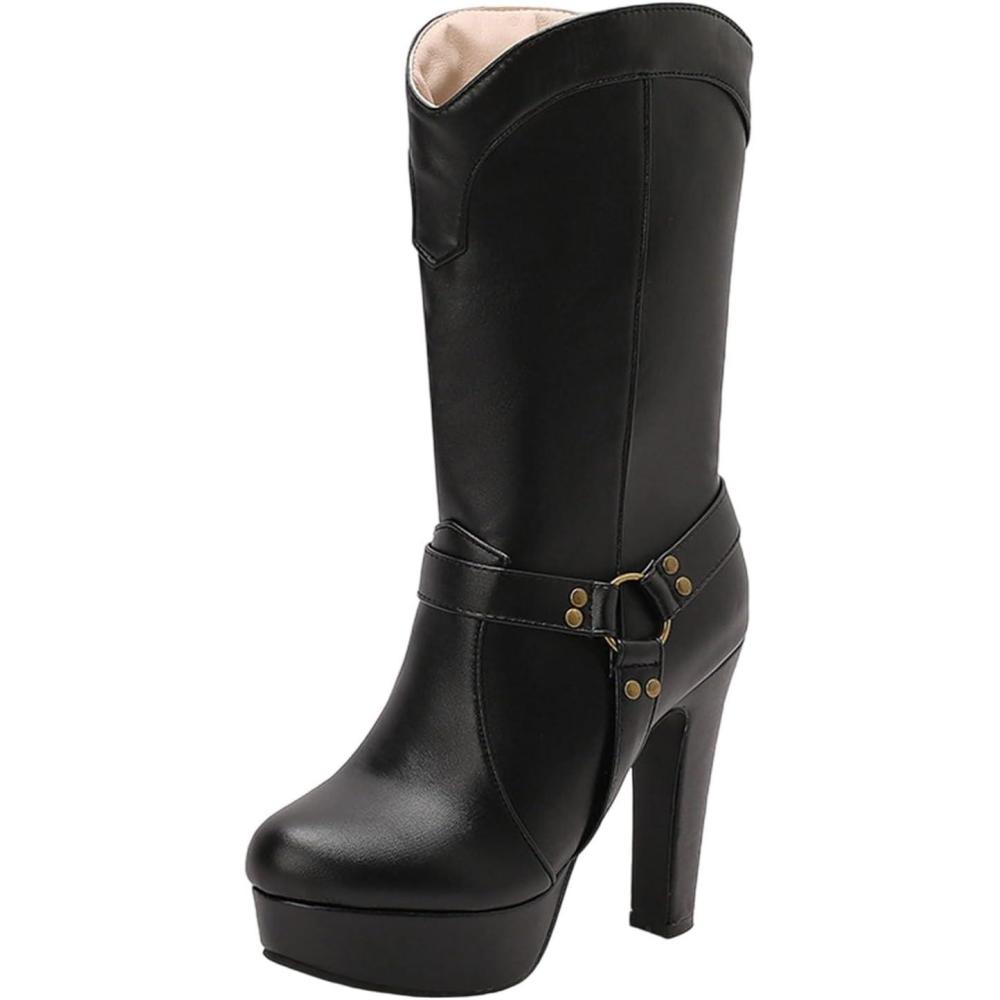 image:imageBottes mi Mollet Femmes Cuir Classiques Bottes Equitation Botte Femme Talon Haut Sexy Confortables Tirer Sur Les Boots DHiver DAutomne Western Chaussure Vintage Mode Bottine pour Hipster Club Fte03 le Noir