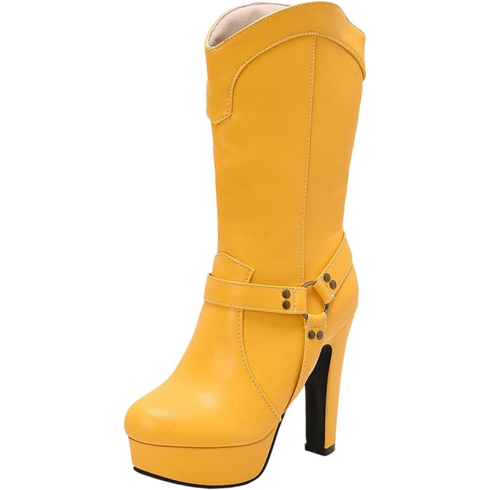 image:imageBottes mi Mollet Femmes Cuir Classiques Bottes Equitation Botte Femme Talon Haut Sexy Confortables Tirer Sur Les Boots DHiver DAutomne Western Chaussure Vintage Mode Bottine pour Hipster Club Fte03 Jaune