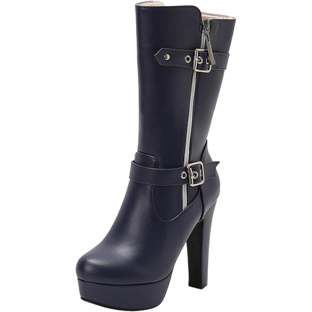 image:imageBottes mi Mollet Femmes Cuir Classiques Bottes Equitation Botte Femme Talon Haut Sexy Confortables Tirer Sur Les Boots DHiver DAutomne Western Chaussure Vintage Mode Bottine pour Hipster Club Fte02 Bleu