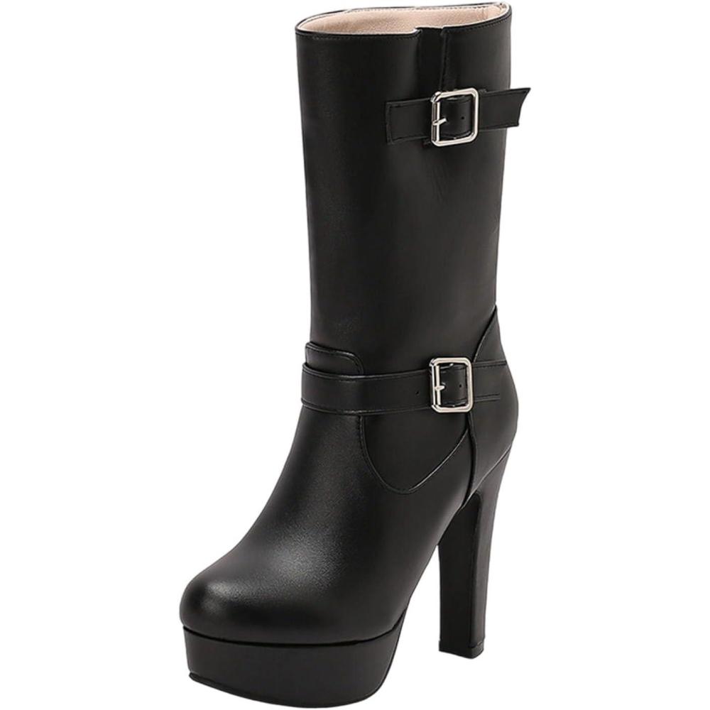 image:imageBottes mi Mollet Femmes Cuir Classiques Bottes Equitation Botte Femme Talon Haut Sexy Confortables Tirer Sur Les Boots DHiver DAutomne Western Chaussure Vintage Mode Bottine pour Hipster Club Fte01 le Noir