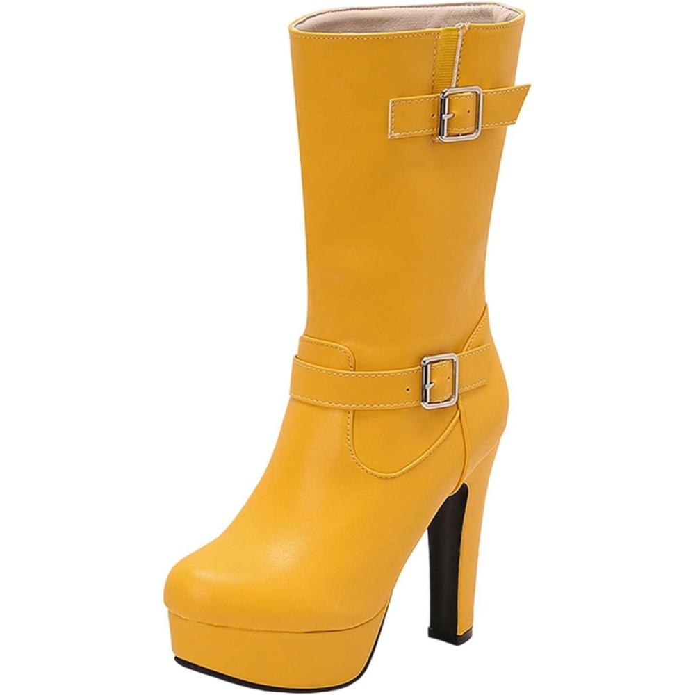image:imageBottes mi Mollet Femmes Cuir Classiques Bottes Equitation Botte Femme Talon Haut Sexy Confortables Tirer Sur Les Boots DHiver DAutomne Western Chaussure Vintage Mode Bottine pour Hipster Club Fte01 Jaune