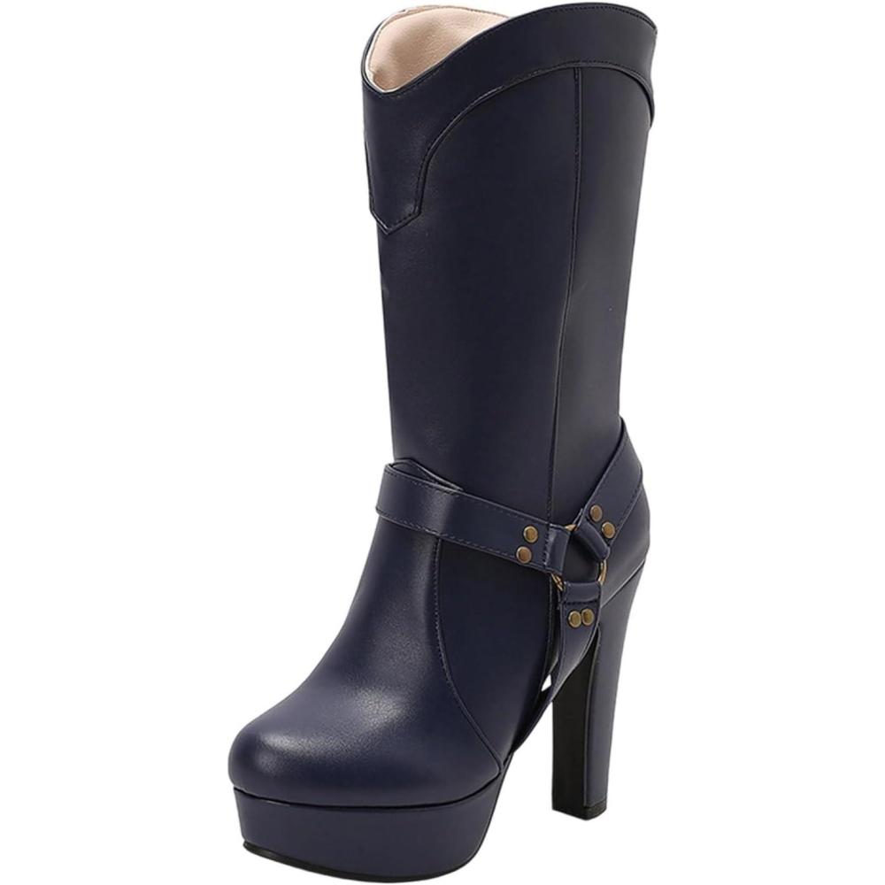 image:imageBottes mi Mollet Femmes Cuir Classiques Bottes Equitation Botte Femme Talon Haut Sexy Confortables Tirer Sur Les Boots DHiver DAutomne Western Chaussure Vintage Mode Bottine pour Hipster Club Fte03 Bleu