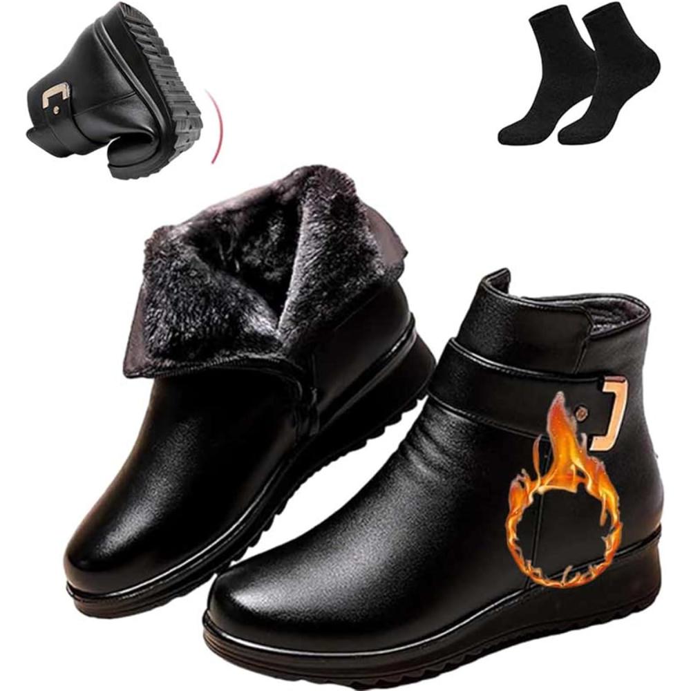 image:imageBottes orthopdiques en cuir vritable avec boucle en mtal pour femme antidrapantes bout rond et fermeture clair latrale bottes dhiver chaudes en veloursNoir 1
