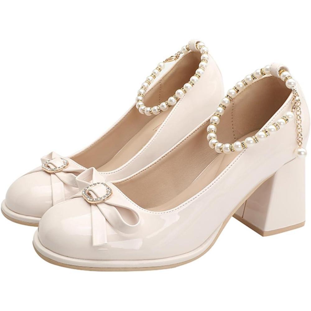 image:imageChaussures Mary Jane pour Femmes Escarpins Talons Bas Talons Mary Jane Bout Rond Ferm pour Femmes Chaussures De Soire De Mariage ConfortablesWhite