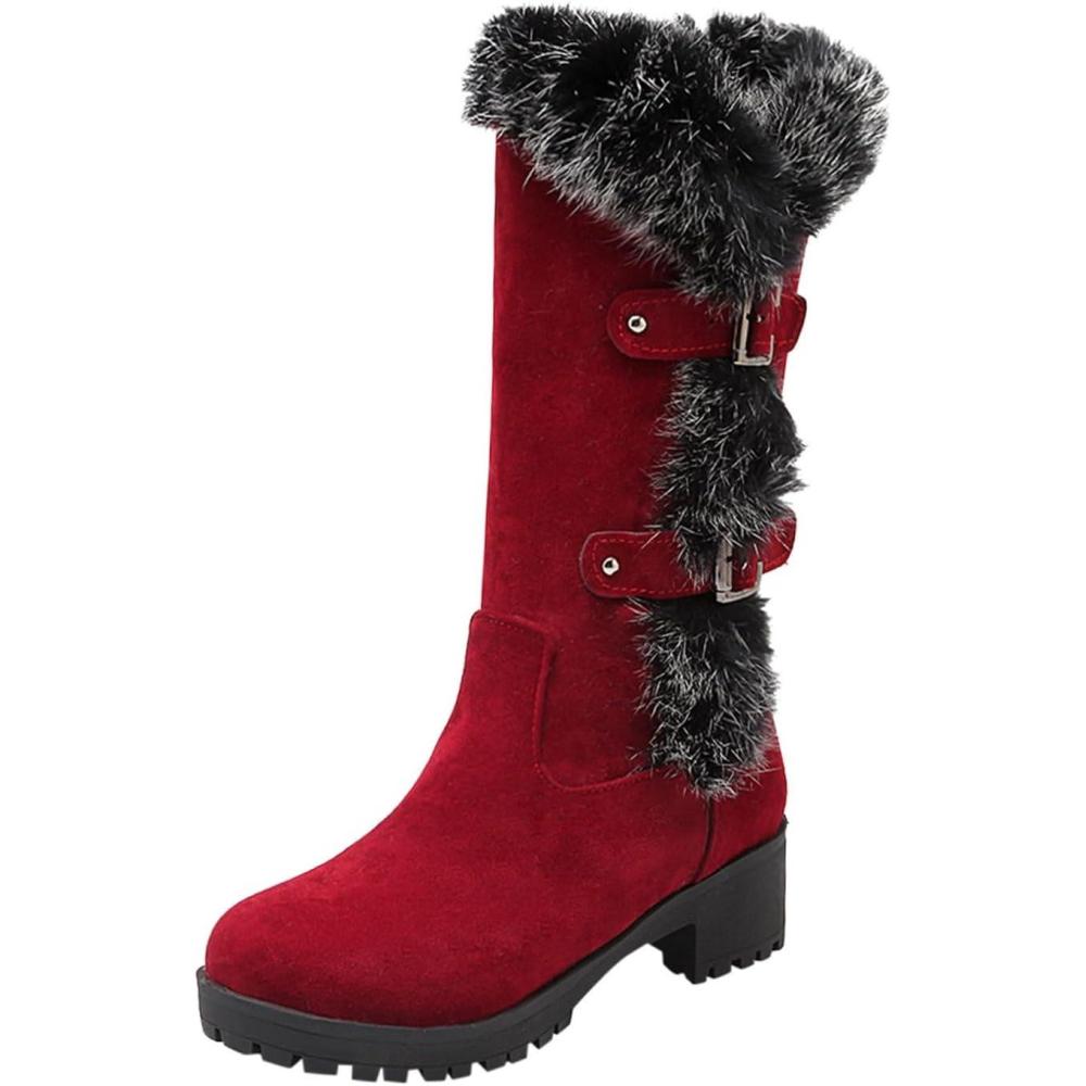 image:imageGnrique Bottes Hautes Femme Blanc Vintage Cuissardes Moto Talon Mi Mollet Bottes Chaussures Hiver Sexy Haute Botte Noires Confort Chic Chaussure Fourres Confort Cuissarde BottineRed
