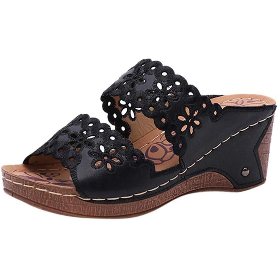 image:imageSandale Femme Compensees Mules Femmes Bout Ouvert Chaussure Ete Sandales plateforme paisse Talons Hauts Mules Chaussons Style Romain Femme Confort Chausson Double BrideNoir