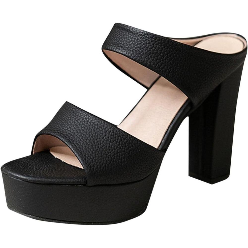 image:imageSandals Chaussures Femme Sandales en Sudine Talon Et Bout Ouvert Escarpins Couleur Unie Epais Sandales Femme Talon Carr Sexy Pas Cher A La Mode TongsNoir