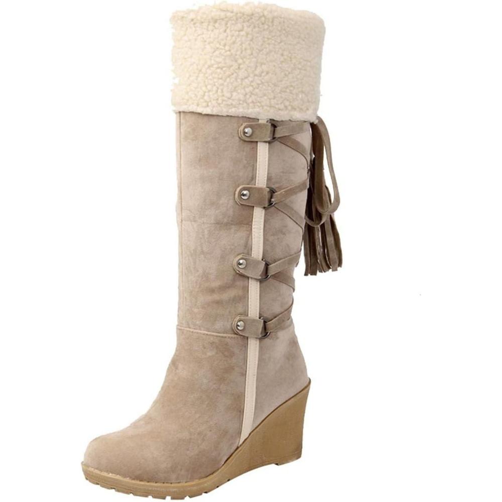 image:imageBottes de Neige Femme en Daim Classiques Bottes a Lacets pour Femmes Hiver Chaud Confortable Botte mi Mollet de Hiver Lacet Rglable Bottines Chaude et Durable Botte audessus du Genou Boots01 Beige