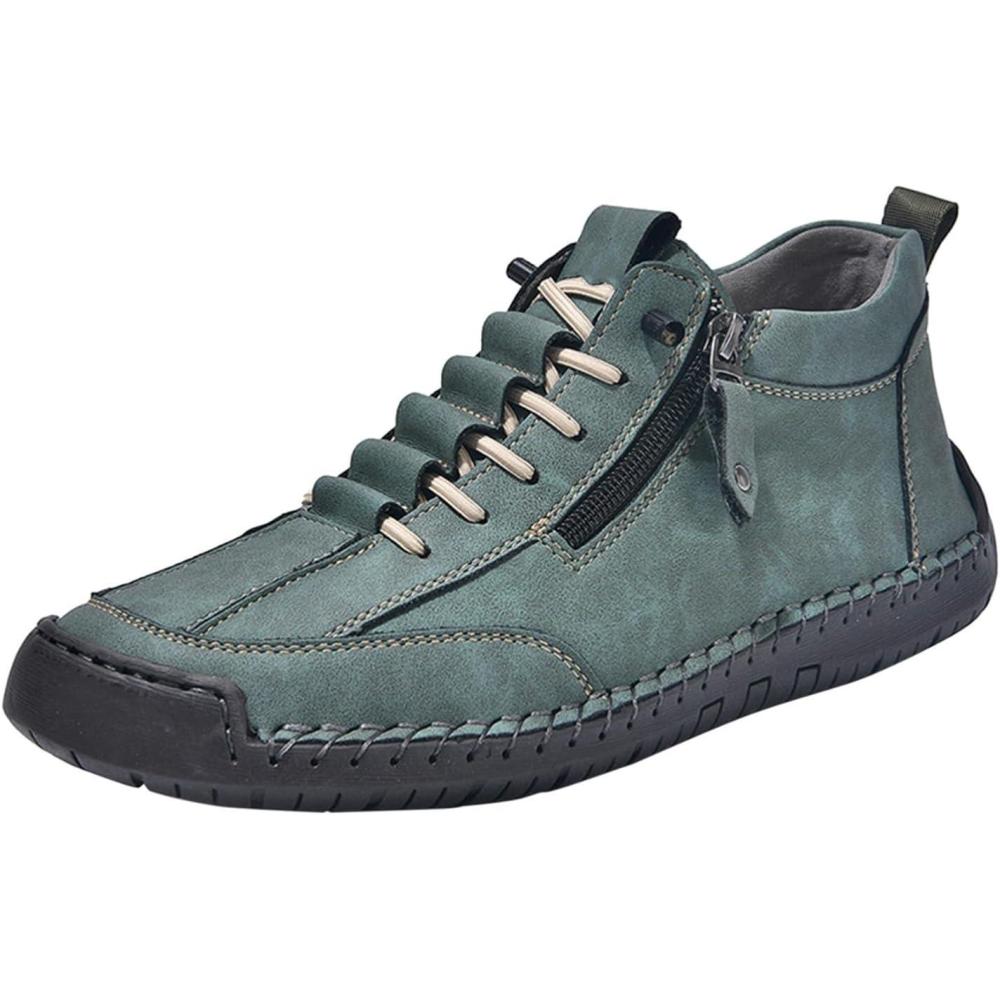 image:imageChaussures en cuir pour femme automne et hiver bottes de couture faites la main lacets hauteur pieds nus chaussures avec fermeture clair antidrapantes chaussures dcontractes piedsVert 1