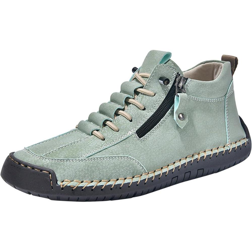 image:imageChaussures en cuir pour femme automne et hiver bottes de couture faites la main lacets hauteur pieds nus chaussures avec fermeture clair antidrapantes chaussures dcontractes piedsVert Clair 1