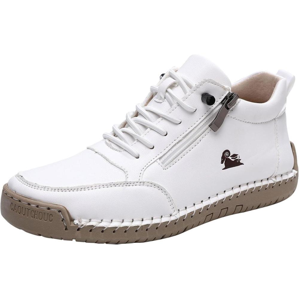 image:imageChaussures en cuir pour femme automne et hiver bottes de couture faites la main lacets hauteur pieds nus chaussures avec fermeture clair antidrapantes chaussures dcontractes piedsBlanc