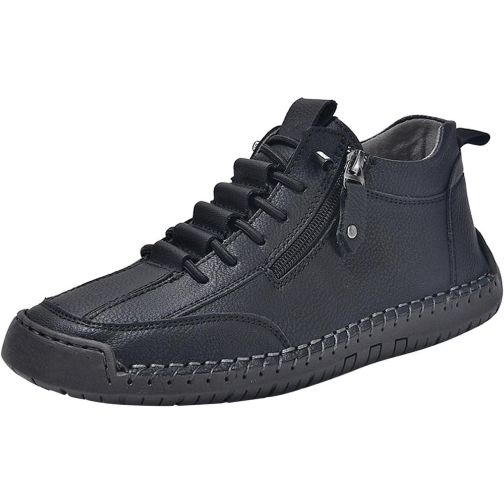 image:imageChaussures en cuir pour femme automne et hiver bottes de couture faites la main lacets hauteur pieds nus chaussures avec fermeture clair antidrapantes chaussures dcontractes piedsNoir1