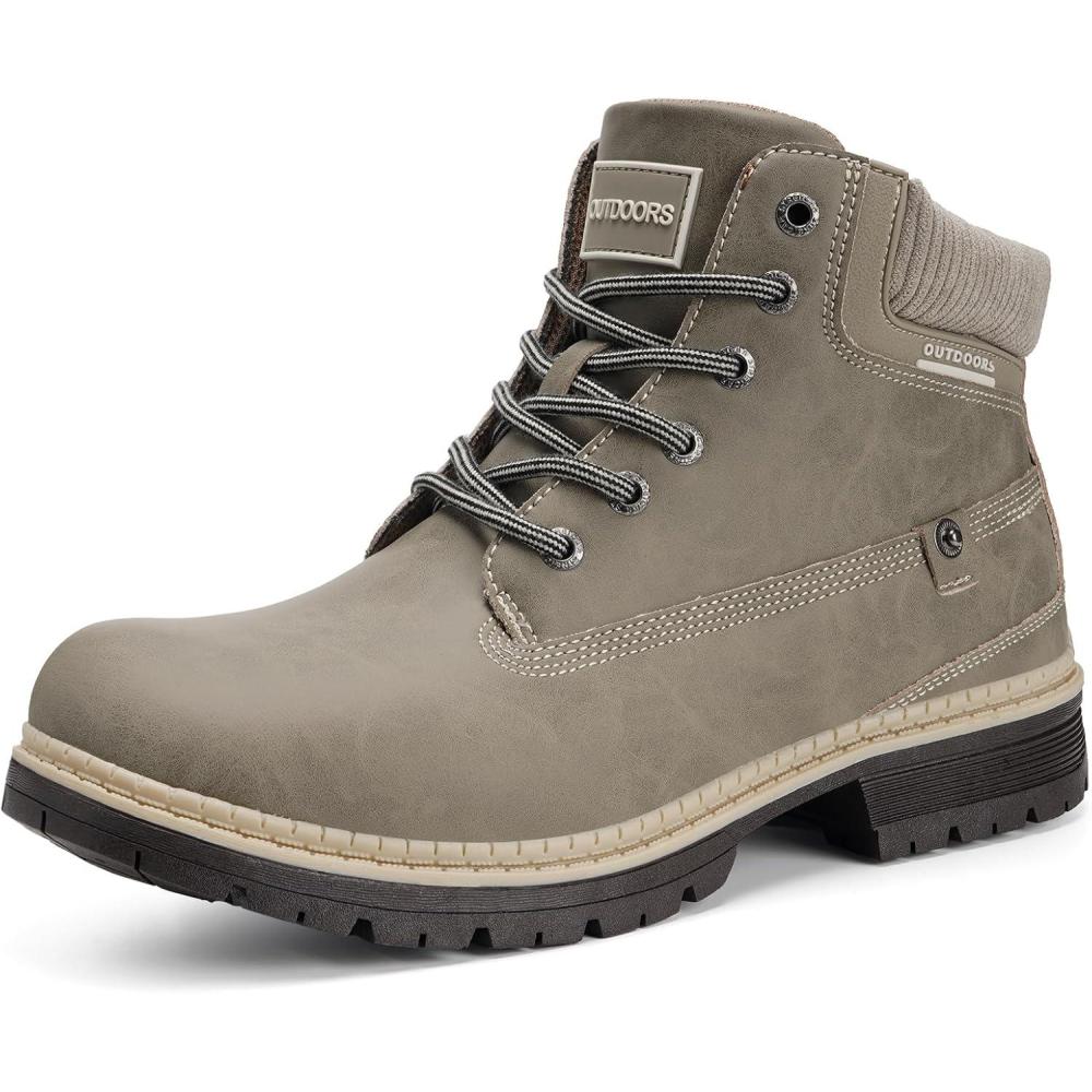image:imageEagsouni Bottes Femme Homme Hiver Bottines Cuir Plates Lacets Chaud Fourrure Bottines de Neige Chaussures Boots dhiverKaki Sans Fourrure
