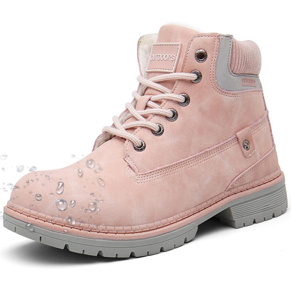 image:imageEagsouni Bottes Femme Homme Hiver Bottines Cuir Plates Lacets Chaud Fourrure Bottines de Neige Chaussures Boots dhiverPink