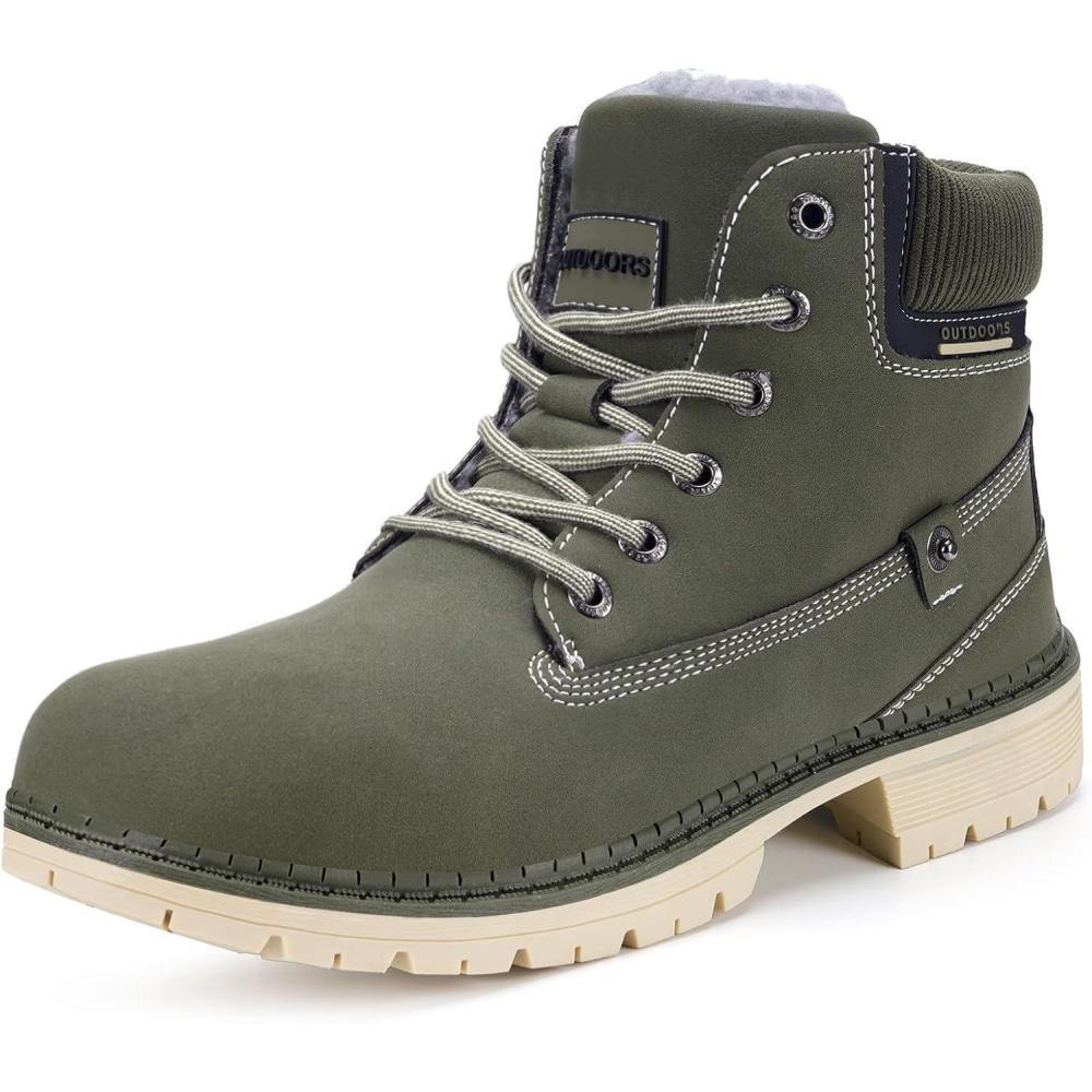 image:imageEagsouni Bottes Femme Homme Hiver Bottines Cuir Plates Lacets Chaud Fourrure Bottines de Neige Chaussures Boots dhiverVert