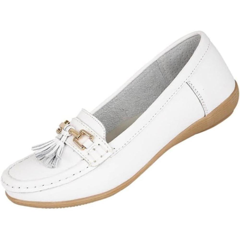 image:imageFemme Cuir Plat Mocassin Femmes Dcontract Confortable Cuissard Talon Bas Compens Chaussures TravailBlanc