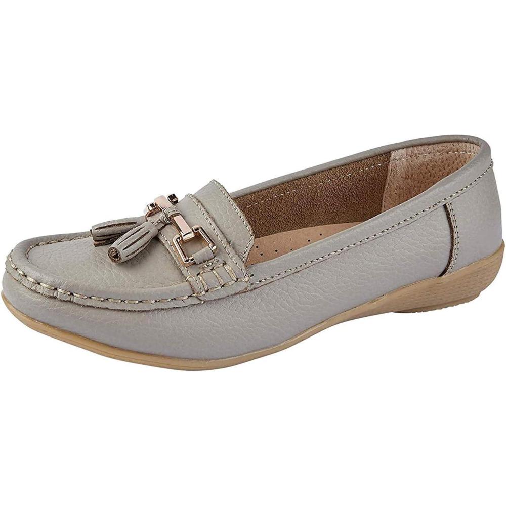 image:imageFemme Cuir Plat Mocassin Femmes Dcontract Confortable Cuissard Talon Bas Compens Chaussures TravailGris
