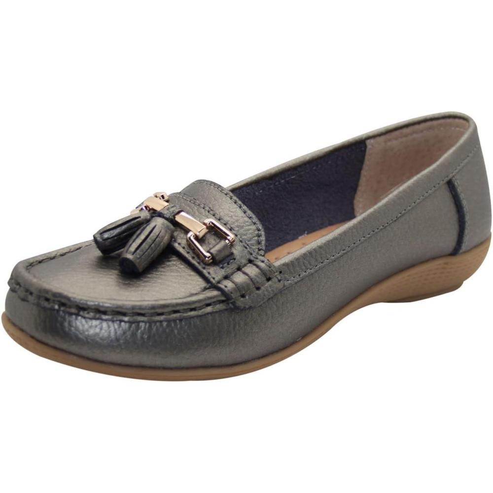 image:imageFemme Cuir Plat Mocassin Femmes Dcontract Confortable Cuissard Talon Bas Compens Chaussures TravailGun Metal