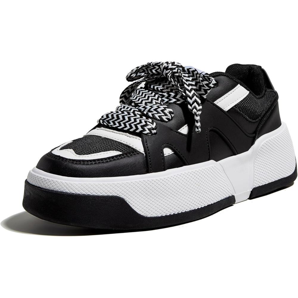 image:imageLUCKY STEP Baskets Mode Plateforme pour Femme Confortables Semelle paisse pour la Marche et Le TennisNoir Blanc