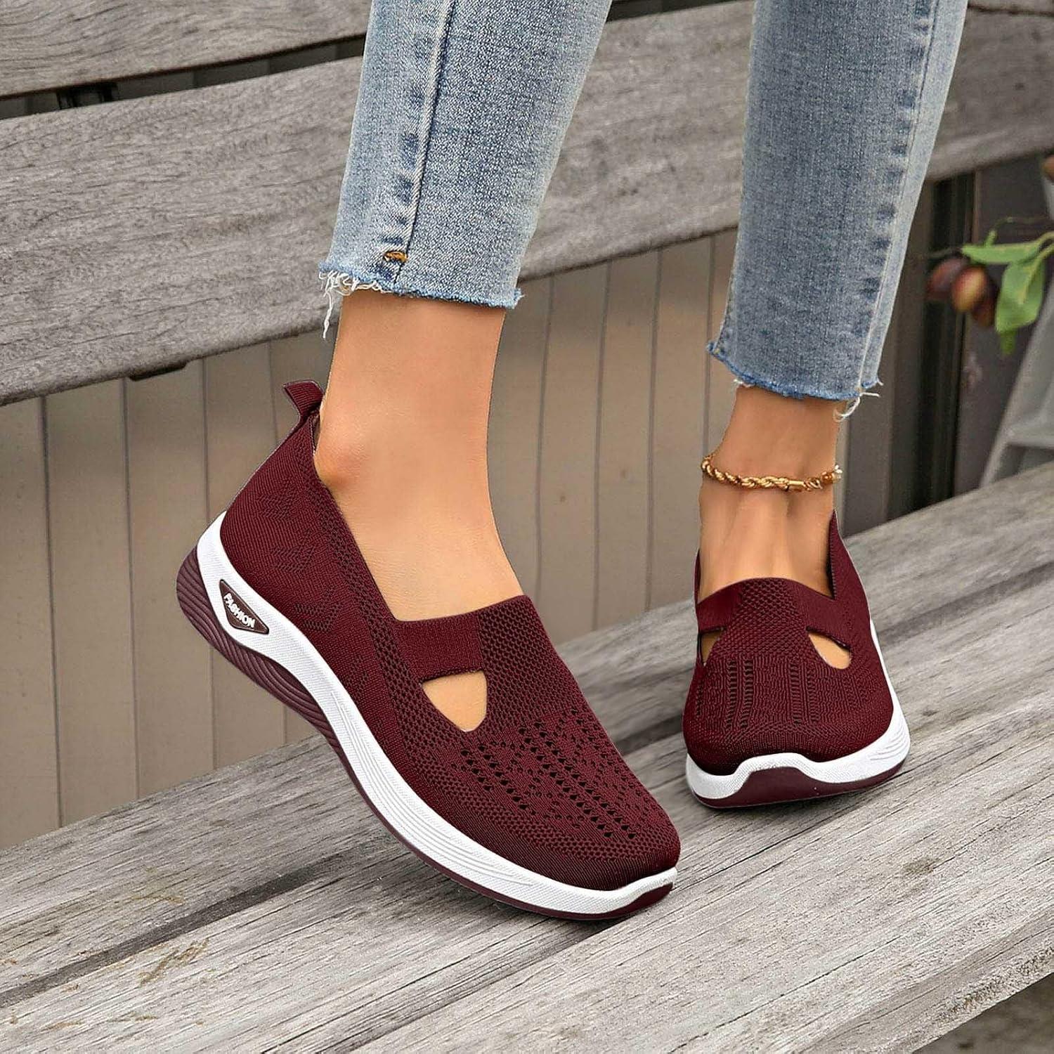 image:imageChaussures Orthopdiques pour Femme Chaussures sans Lacets Antidrapantes avec Maille pour Femme Basket de Marche Plateforme Orthopdique Lgres et Confortables02 Rouge
