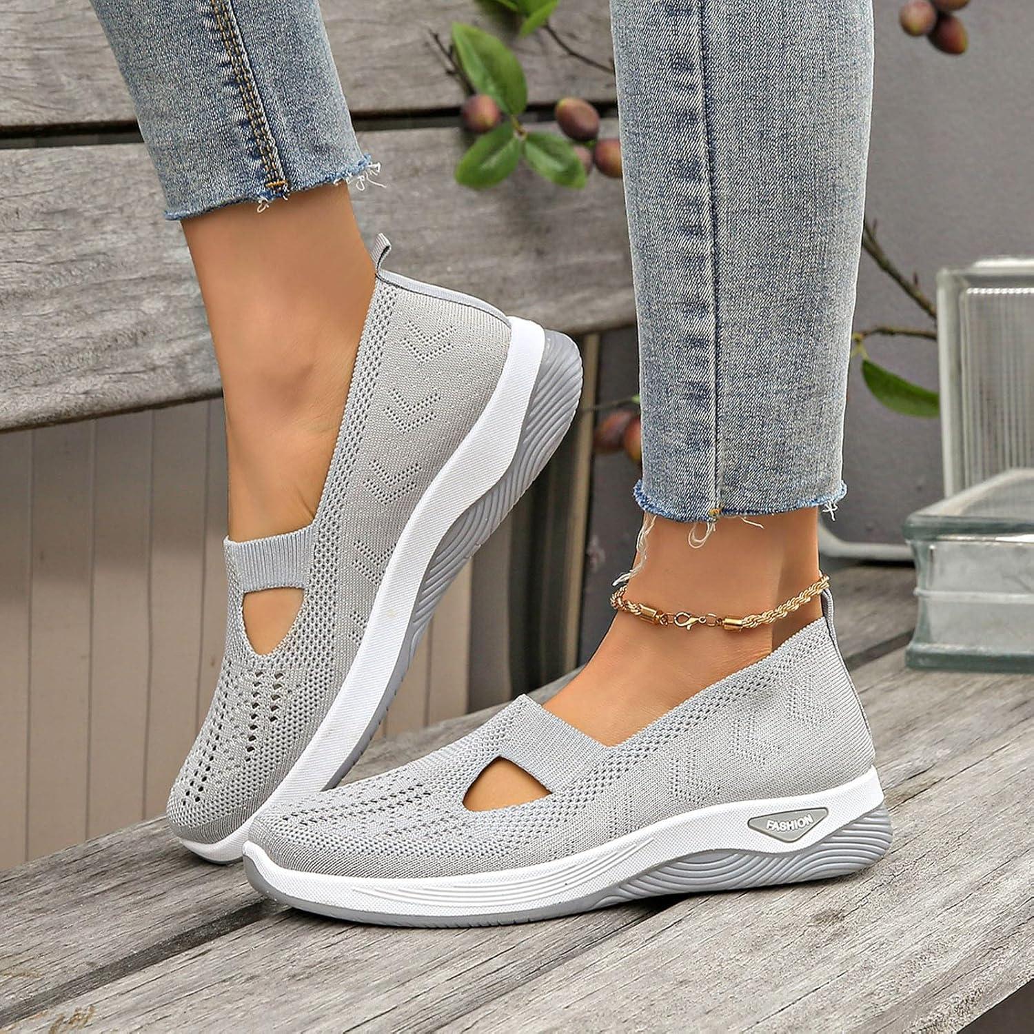 image:imageChaussures Orthopdiques pour Femme Chaussures sans Lacets Antidrapantes avec Maille pour Femme Basket de Marche Plateforme Orthopdique Lgres et Confortables01 Gris