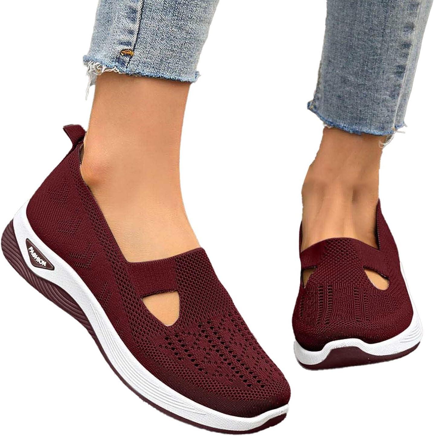image:imageChaussures Orthopdiques pour Femme Chaussures sans Lacets Antidrapantes avec Maille pour Femme Basket de Marche Plateforme Orthopdique Lgres et Confortables02 Rouge