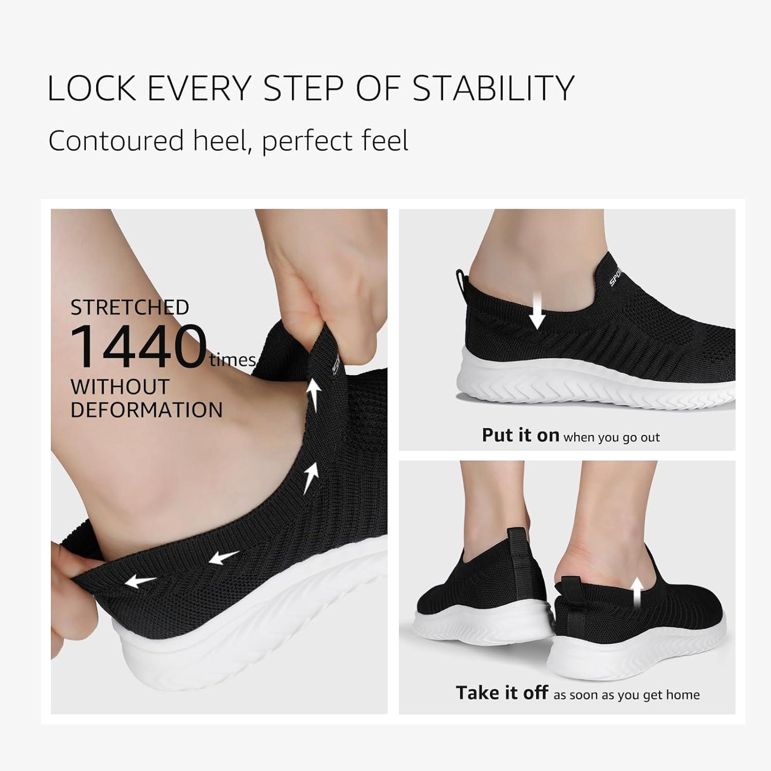 image:imageSTQ Basket Femme Chaussures de Sport sans Lancts Confortable Chic Respirantes Mode de Ville Marche Slip on Fitness Tennis Travail Lgres Enfiler Running Outdoor Gym Jogging Course Basquette SneakersNoir Blanc