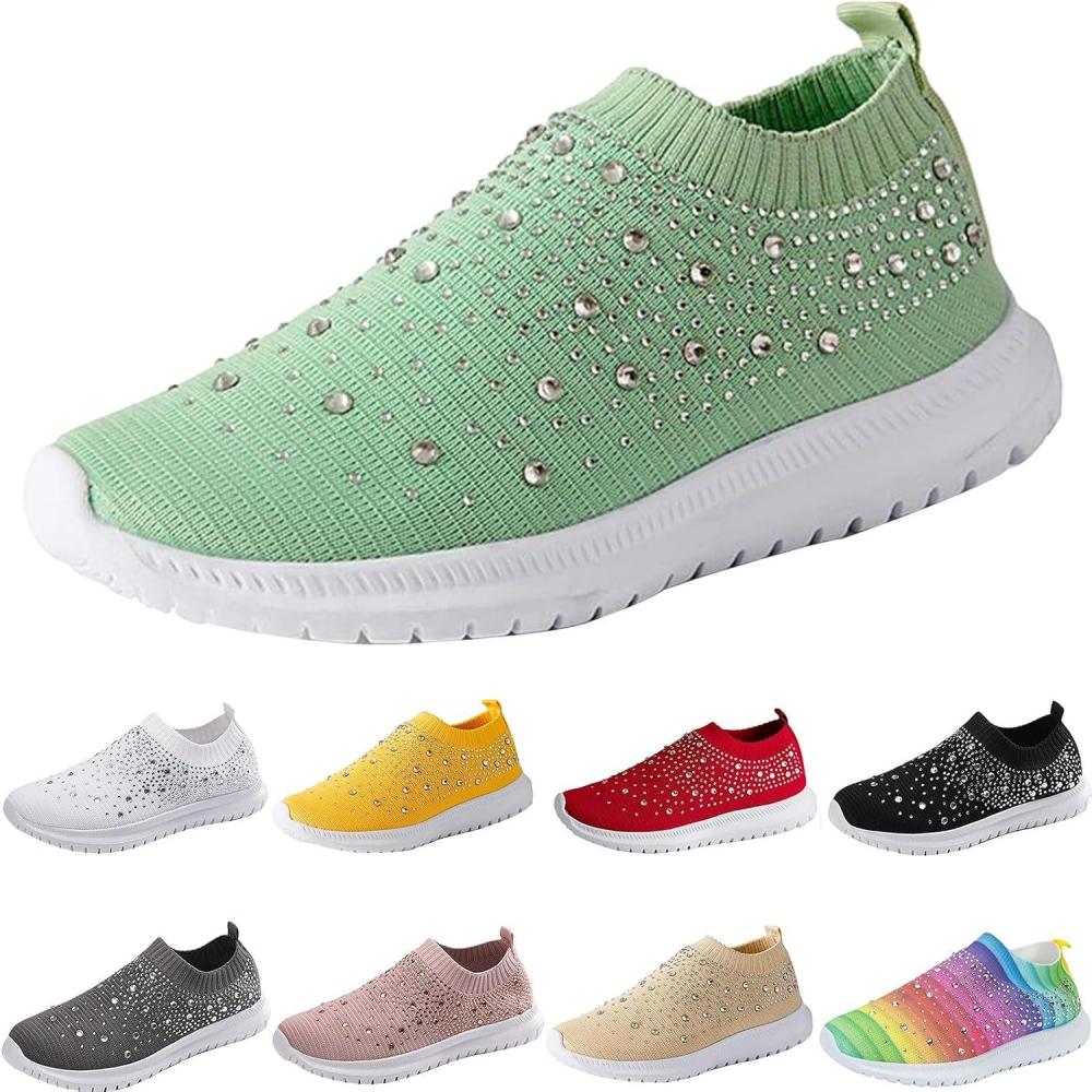 image:imageBaskets pailletes pour femme chaussures de sport sans lacets en maille respirante chaussures de course chaussures de loisirs chaussures confortables enfiler chaussures de course sur routeVert