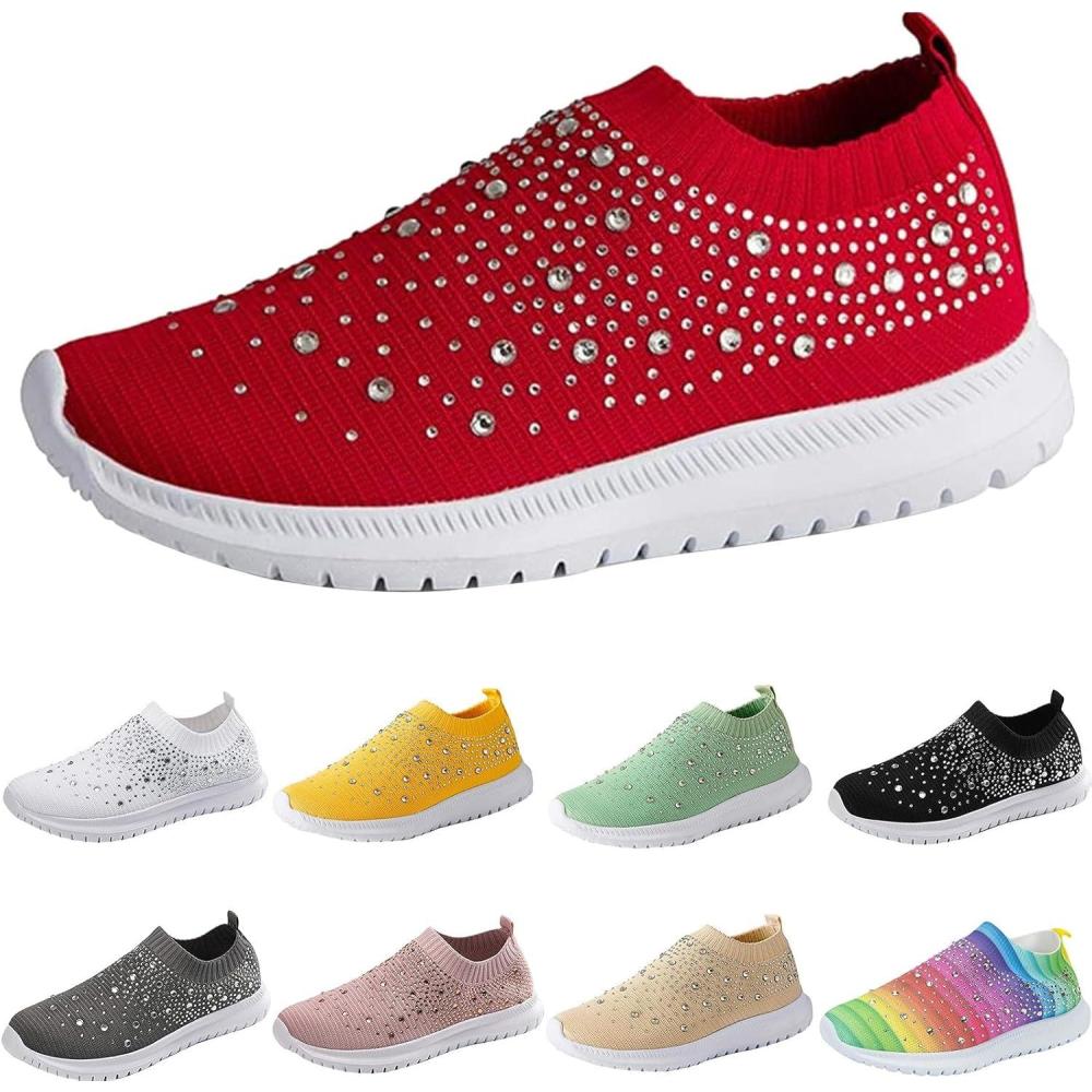 image:imageBaskets pailletes pour femme chaussures de sport sans lacets en maille respirante chaussures de course chaussures de loisirs chaussures confortables enfiler chaussures de course sur routeRouge